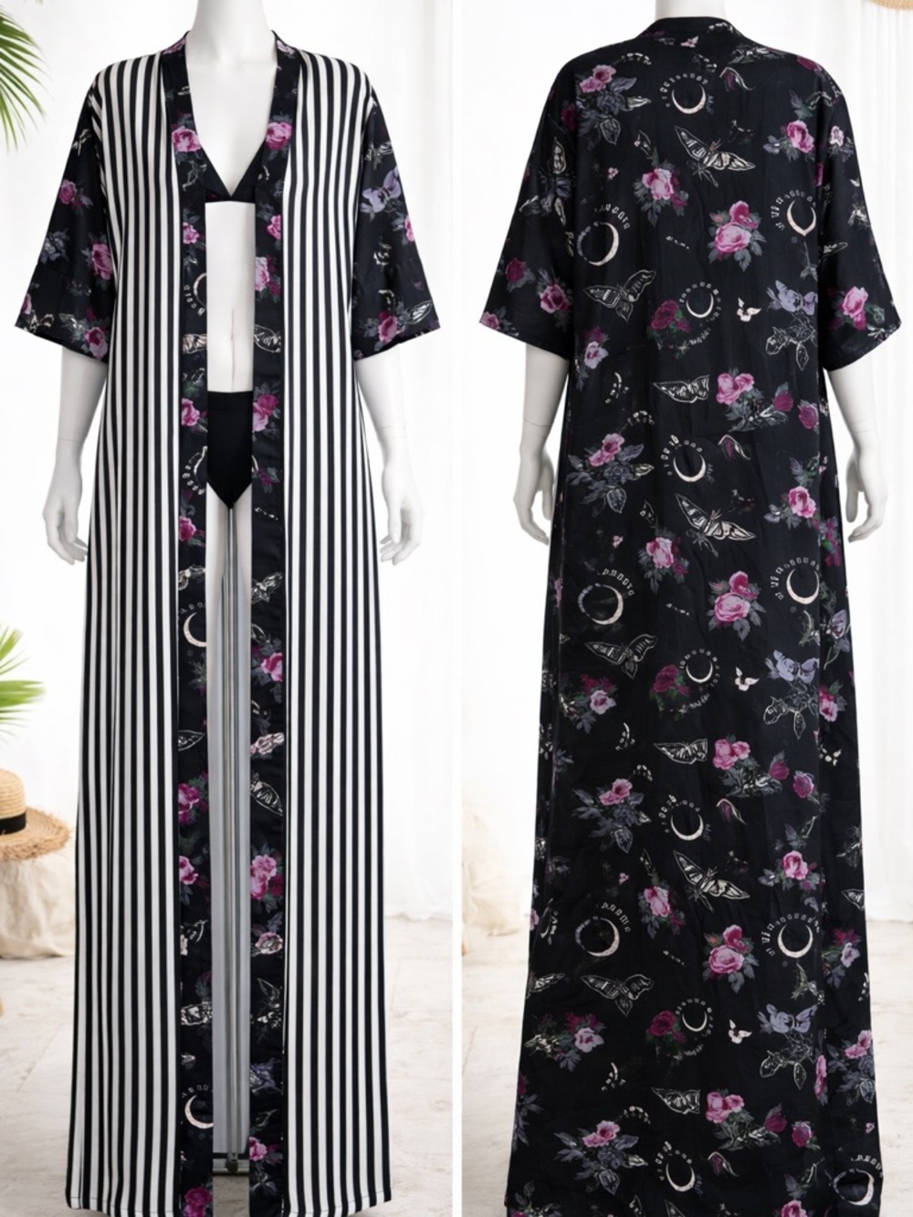Floral & Stripe Long Kimono Robe - Black/Purple